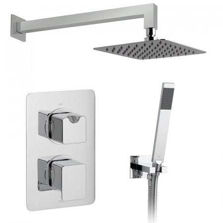 Vado 2 Handle 2 Outlet concealed thermostatic shower valve package in chrome with square overhead shower and handheld showerhead