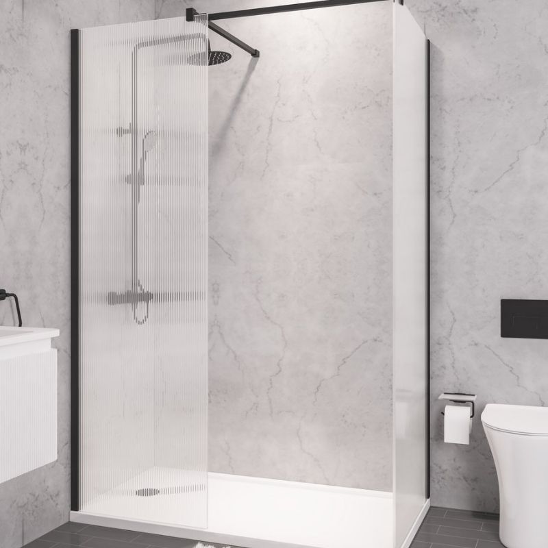 Eastbrook Vantage 2000 Fluted Walk - In Wetroom Shower Screen 1600mm - Matt Black - 49.2036 - TAP 'N' SHOWER