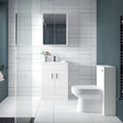 Modern bathroom with Nuie gloss white wall WC toilet unit, vanity sink, and mirrored cabinet