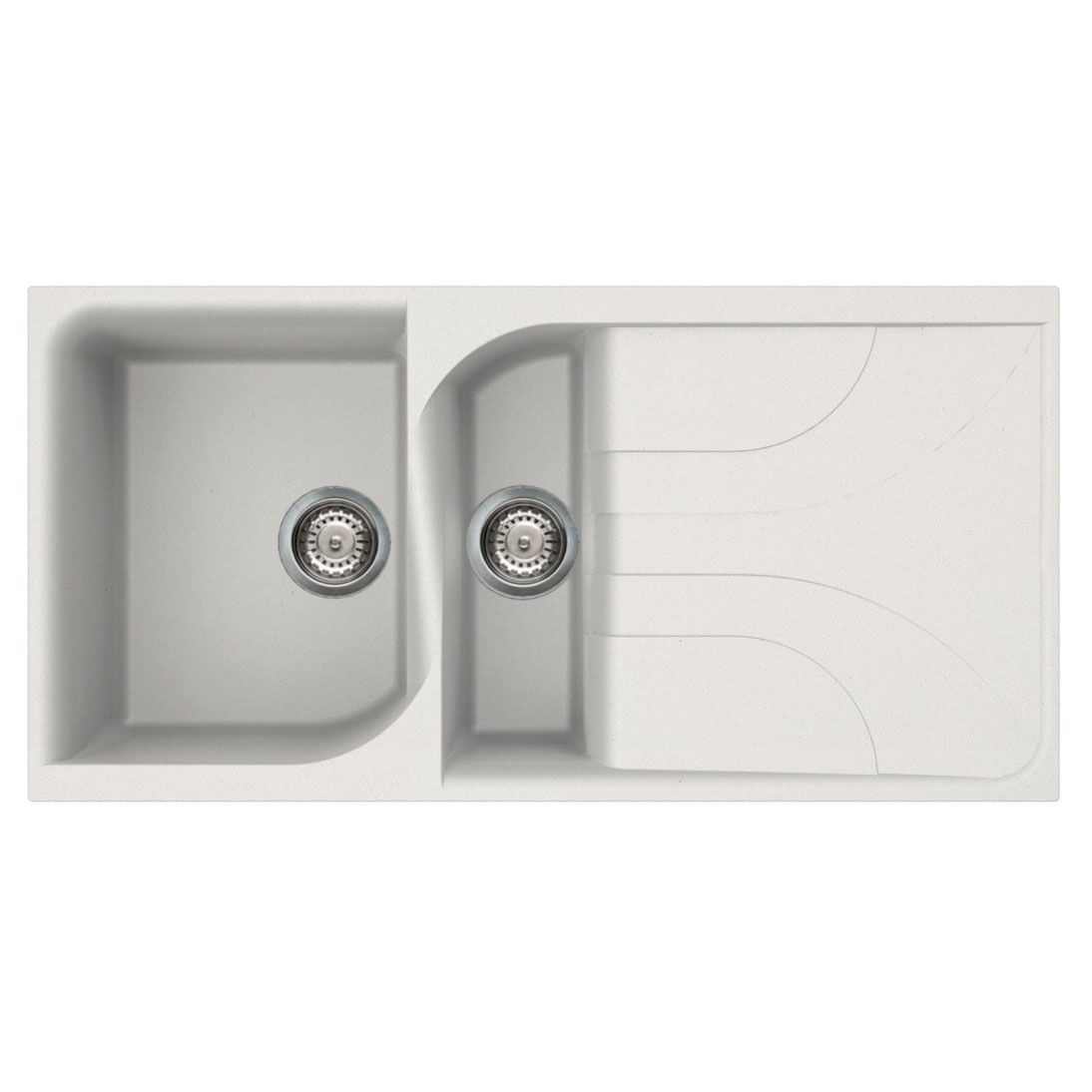 Reginox Ego 475 white granite 1.5 bowl kitchen sink with draining area and strainer waste baskets