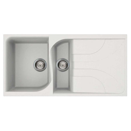 Reginox Ego 475 white granite 1.5 bowl kitchen sink with draining area and strainer waste baskets