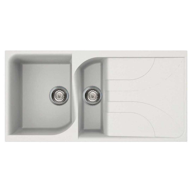 Reginox Ego 475 white granite 1.5 bowl kitchen sink with draining area and strainer waste baskets