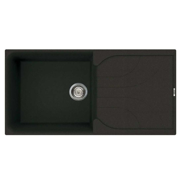 Reginox Ego 480 black granite one bowl kitchen sink with reversible design and chrome basket waste