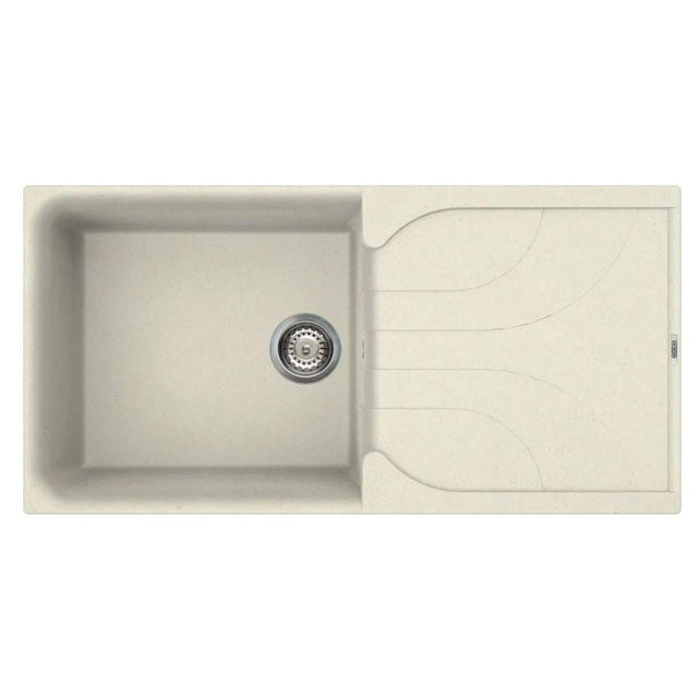 Reginox Elleci Granite EGO 480 single bowl kitchen sink in reversible cream Granitek with large drainer and basket strainer waste