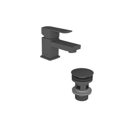 Oakham Paron Matt Black Mini Basin Mixer Tap - Lever Handle - With Click Waste