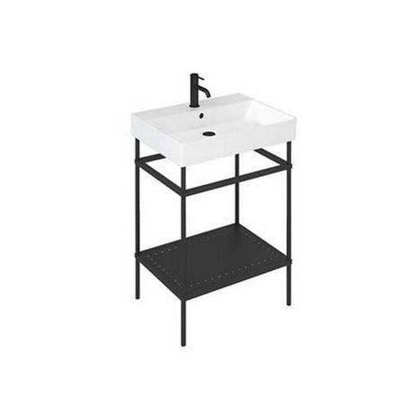 Britton Shoreditch Frame black basin stand with bottom shelf and white basin, 570 x 762 x 430mm.