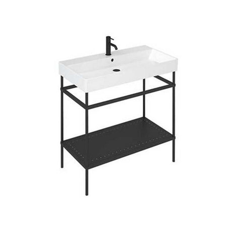 Britton Shoreditch Black Basin Frame with white basin and black tap, steel construction, storage shelf, 825 x 762 x 430mm