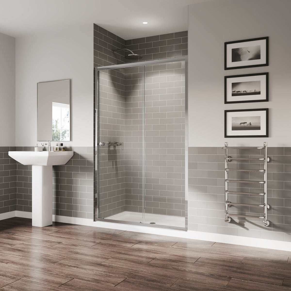 Coram 5mm plain glass chrome framed bi-fold clear shower door in modern bathroom