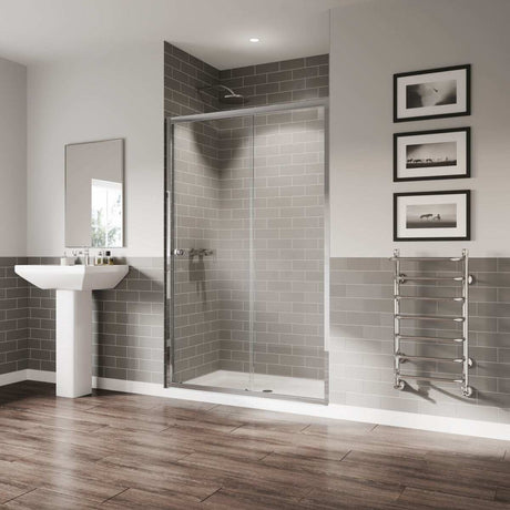Coram 5mm plain glass chrome framed bi-fold clear shower door in modern bathroom