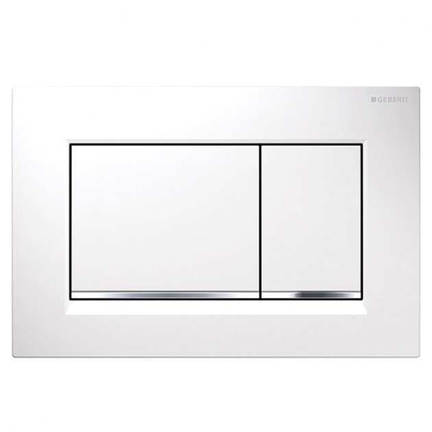 Geberit Sigma30 modern dual flush plate in white with gloss chrome accents for water-saving bathroom use
