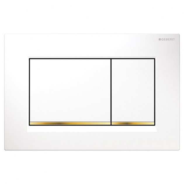 Geberit Sigma30 modern dual flush plate in polished white with gold accents for minimalist bathroom design and water efficiency