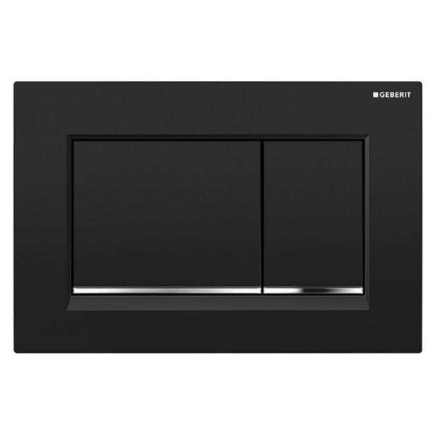 Geberit Sigma30 modern dual flush plate in polished black and chrome finish for Sigma series toilets