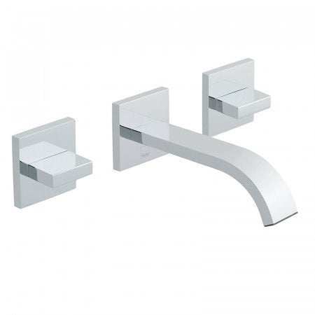 Vado Geo 3 hole wall mounted chrome basin mixer with modern square handles and curved spout