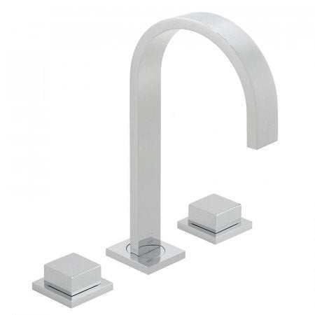 Vado Geo Square Handle 3 Hole Deck Mounted Basin Mixer in chrome with square handles and curved spout