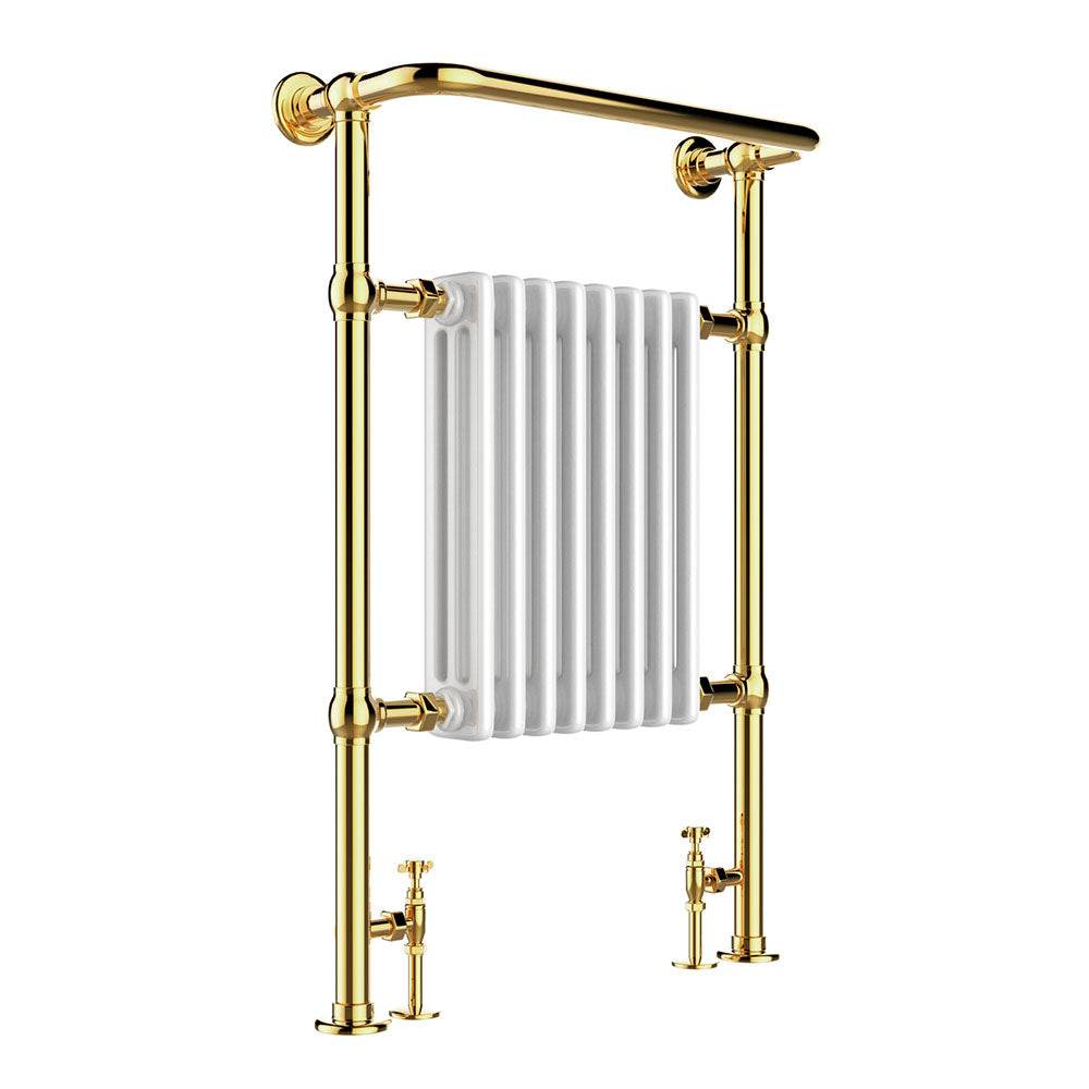 JTP Grosvenor Antique Brass Traditional Heated Towel Radiator with white central panel and polished brass frame