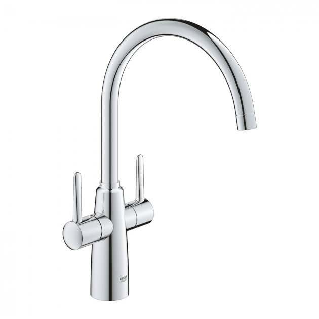 Grohe Ambi Deck Mounted chrome kitchen sink mixer tap with dual levers and high-arc spout