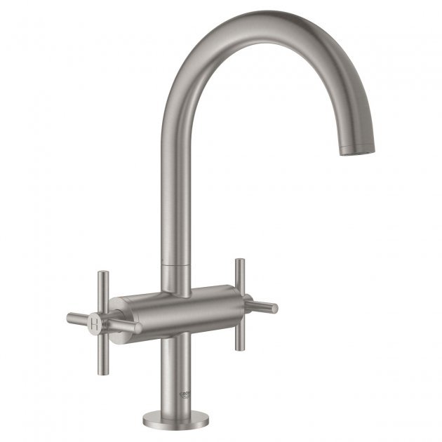 Grohe Atrio Modern Cross Handles L-Size Basin Mixer Tap and Push-Open Waste - Supersteel - 21019DC3