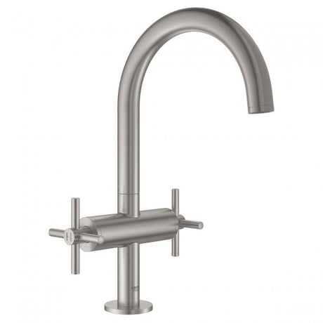 Grohe Atrio Modern Cross Handles L-Size Basin Mixer Tap and Push-Open Waste - Supersteel - 21019DC3