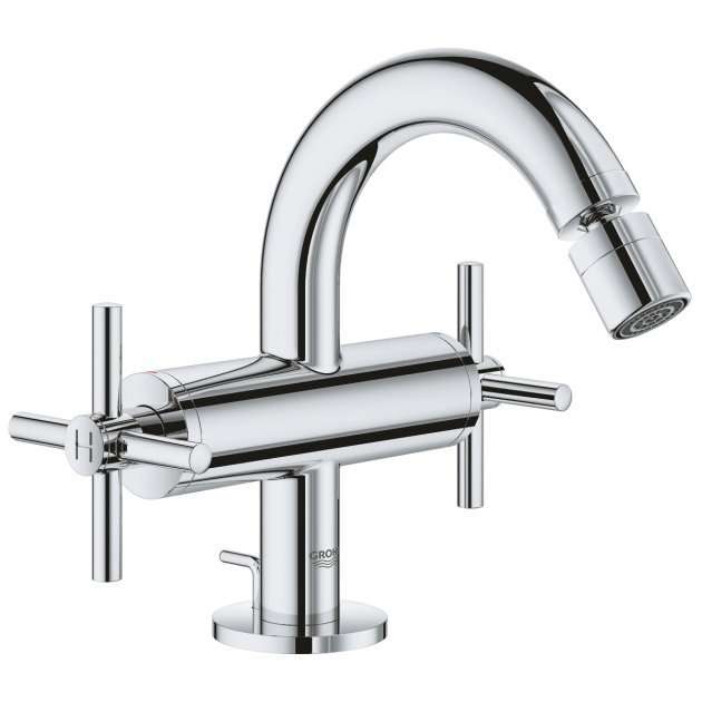 Grohe Atrio Modern M-Size Cross Handles Bidet Mixer Tap and Pop Up Waste - Chrome - 24027003