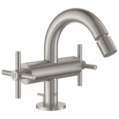 Grohe Atrio Modern Cross Handles M-Size Bidet Mixer Tap and Pop Up Waste - Supersteel - 24027DC3