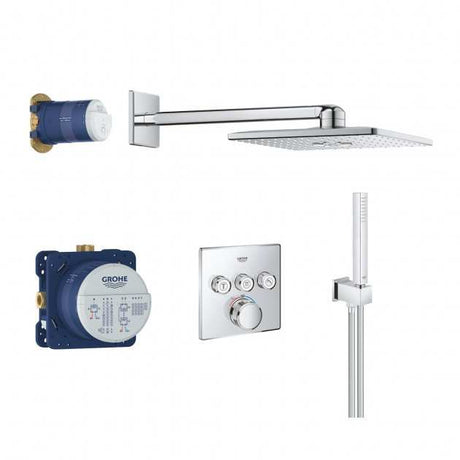 Grohe Grohtherm Rainshower 310 SmartActive Cube thermostatic shower set with square overhead shower, hand shower, and concealed SmartBox controls
