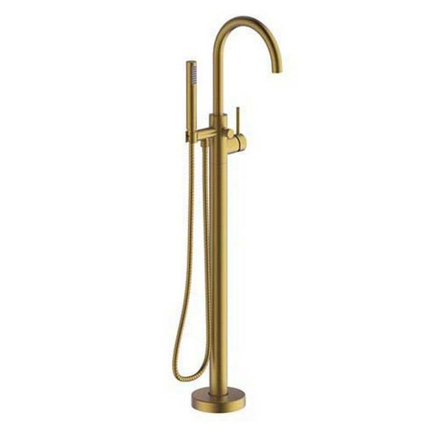 Britton Hoxton Floor standing brushed brass bath shower mixer with handset and hose