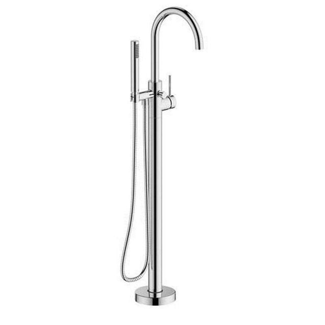 Britton Hoxton Floor standing chrome bath shower mixer with rounded spout and handheld showerhead