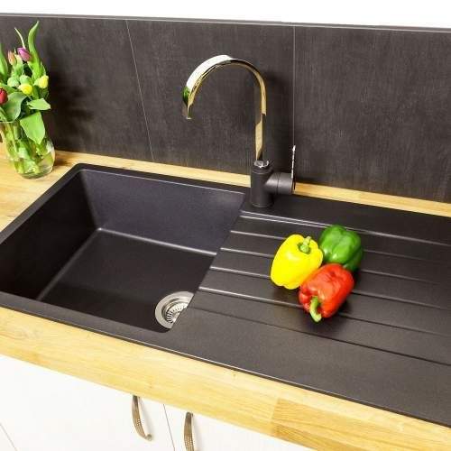Reginox Grey Silver Granite Harlem 1 bowl composite kitchen sink with drainer and basket waste in grey silver finish