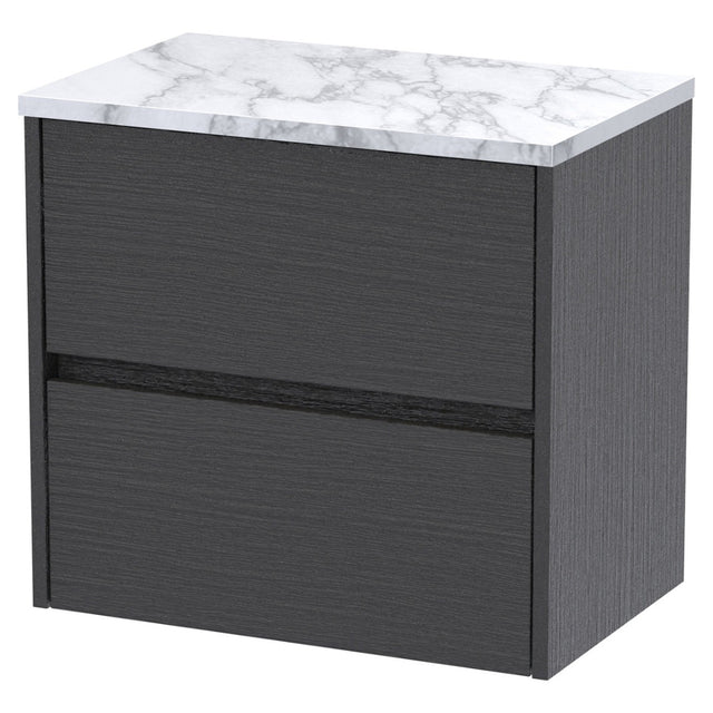 Hudson Reed Havana Wall Hung 2 - Drawer Vanity Unit with Carrera Marble Worktop 600mm Wide - Graphite Grey Woodgrain - HAV2204LCM - TAP 'N' SHOWER