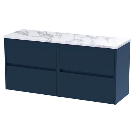 Hudson Reed Havana Wall Hung 4 - Drawer Vanity Unit with Carrera Marble Worktop 1200mm Wide - Midnight Blue - HAV2904LCM2 - TAP 'N' SHOWER