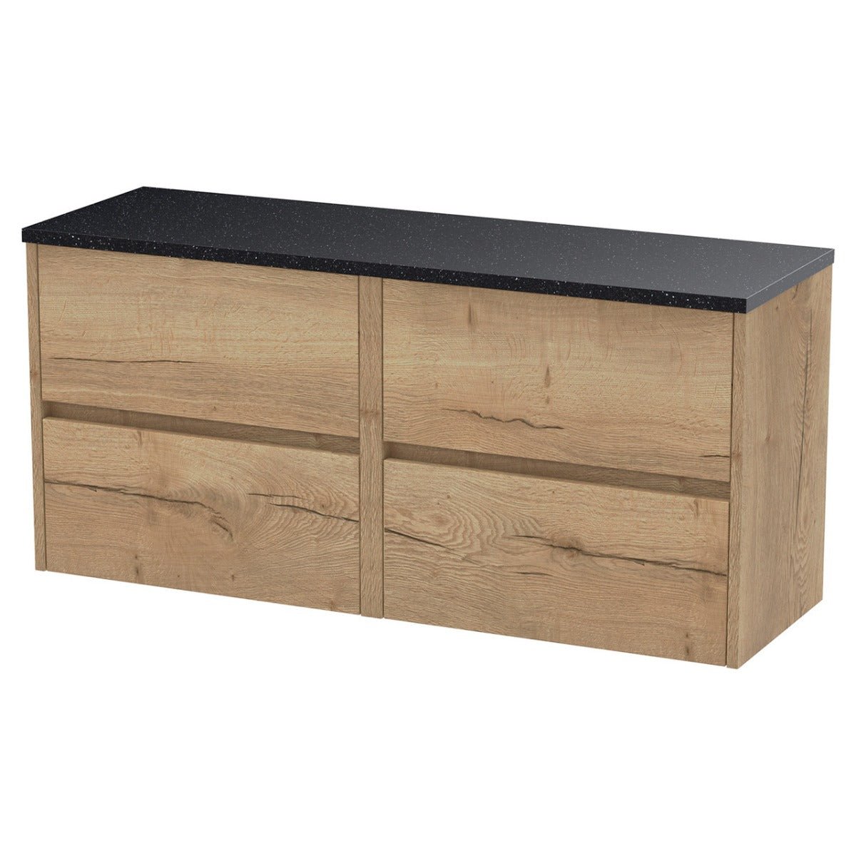 Hudson Reed Havana Wall Hung 4 - Drawer Vanity Unit with Sparkling Black Worktop 1200mm Wide - Autumn Oak - HAV804LSB2 - TAP 'N' SHOWER