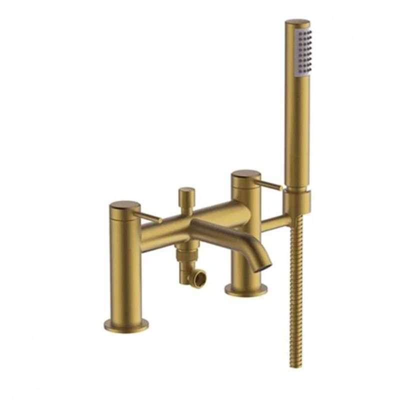 Britton Hoxton Brushed Brass bath shower mixer with dual levers, hose, and handset in modern brushed finish