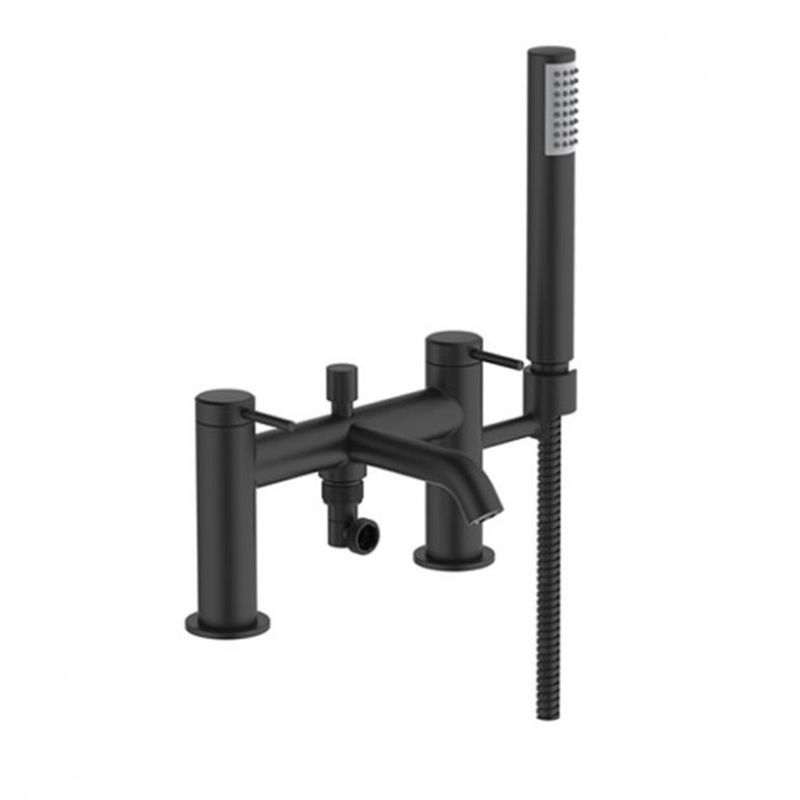 Britton Hoxton matt black bath shower mixer with dual lever controls and handheld showerhead