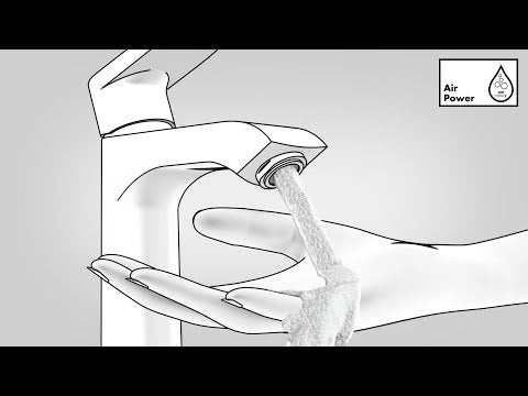 Hansgrohe Logis single lever basin mixer in chrome with water flowing over a hand and AirPower technology icon