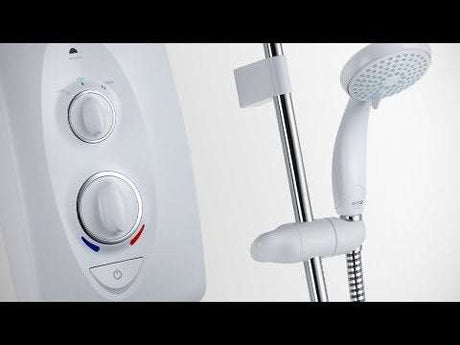 Mira Jump 8.5kw electric shower in white and chrome with temperature and power controls and handheld showerhead