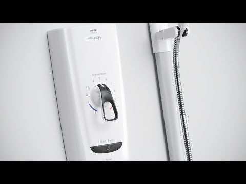 Mira Advance 8.7KW Electric Shower in white and chrome with thermostatic control and four-spray adjustable showerhead