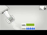 Hansgrohe Logis Single Lever Basin Mixer with chrome finish and push-open waste system showcasing water flow and eco smart energy efficiency indicators