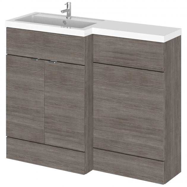 Hudson Reed Fusion bathroom combination unit with rectangular left-hand basin and brown grey Avola finish