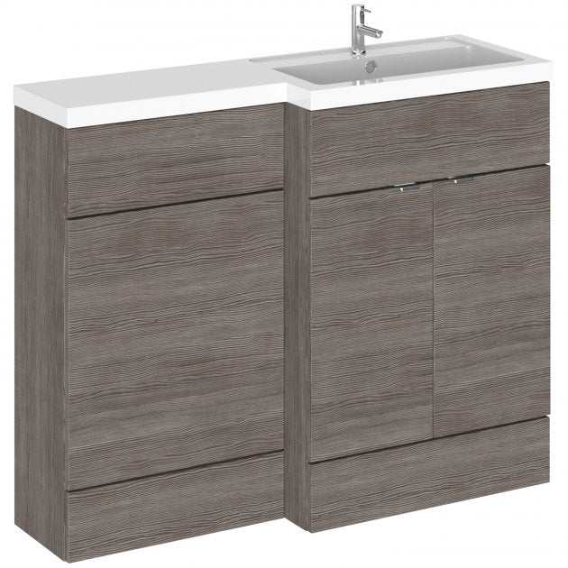 Hudson Reed Fusion bathroom vanity unit with 2 doors, rectangular L shape basin, 1100mm wide, brown grey Avola finish