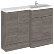 Hudson Reed Fusion 300mm base unit with RH combination unit in brown grey Avola finish bathroom storage cabinet with white countertop and integrated sink