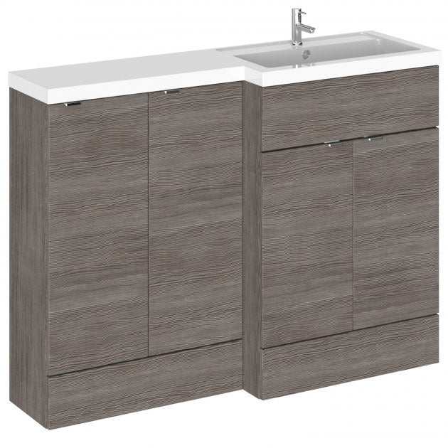 Hudson Reed Fusion 300mm base unit with RH combination unit in brown grey Avola finish bathroom storage cabinet with white countertop and integrated sink