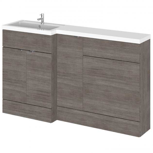 Hudson Reed Fusion 600mm WC unit and 1500mm left-hand combination unit in brown grey Avola finish with integrated sink and storage cabinets