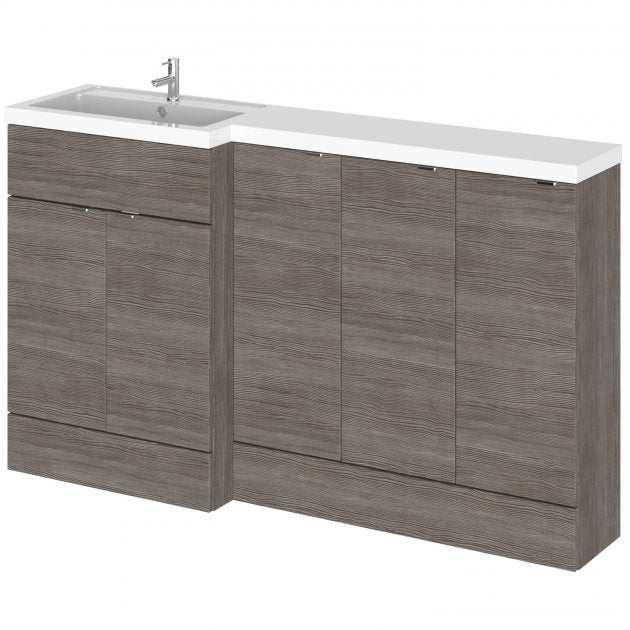 Hudson Reed Fusion LH 5-door bathroom combination unit in brown grey Avola finish with integrated sink and 1500mm wide storage cabinets