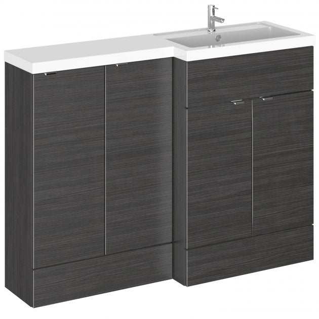 Hudson Reed Fusion modern 1200mm wide bathroom base unit in Hacienda Black with chrome handles and integrated sink