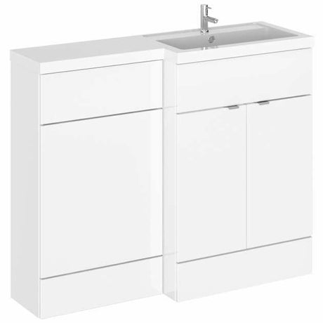Hudson Reed Fusion modern gloss white combination bathroom unit with right-hand L shape rectangular basin and storage cabinets