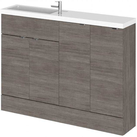Hudson Reed Fusion 4-door compact bathroom unit with brown grey Avola finish and white countertop sink