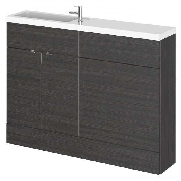 Hudson Reed Fusion modern 1200mm wide compact bathroom WC unit in Hacienda Black with integrated washbasin and storage drawers