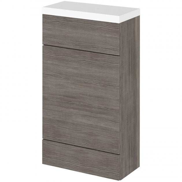 Hudson Reed Fusion compact WC unit with brown grey Avola finish and white polymarble worktop, 500mm wide bathroom furniture