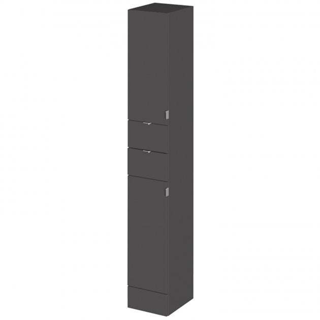 Hudson Reed Fusion tall bathroom tower unit in gloss grey with soft-close door and compact 300mm width storage design