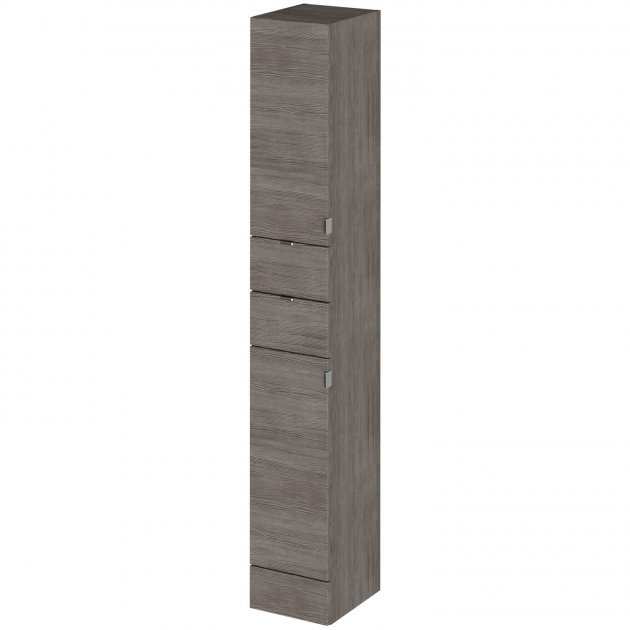 Hudson Reed Fusion modern tall tower bathroom unit in brown grey Avola finish with integrated handles and soft-close doors